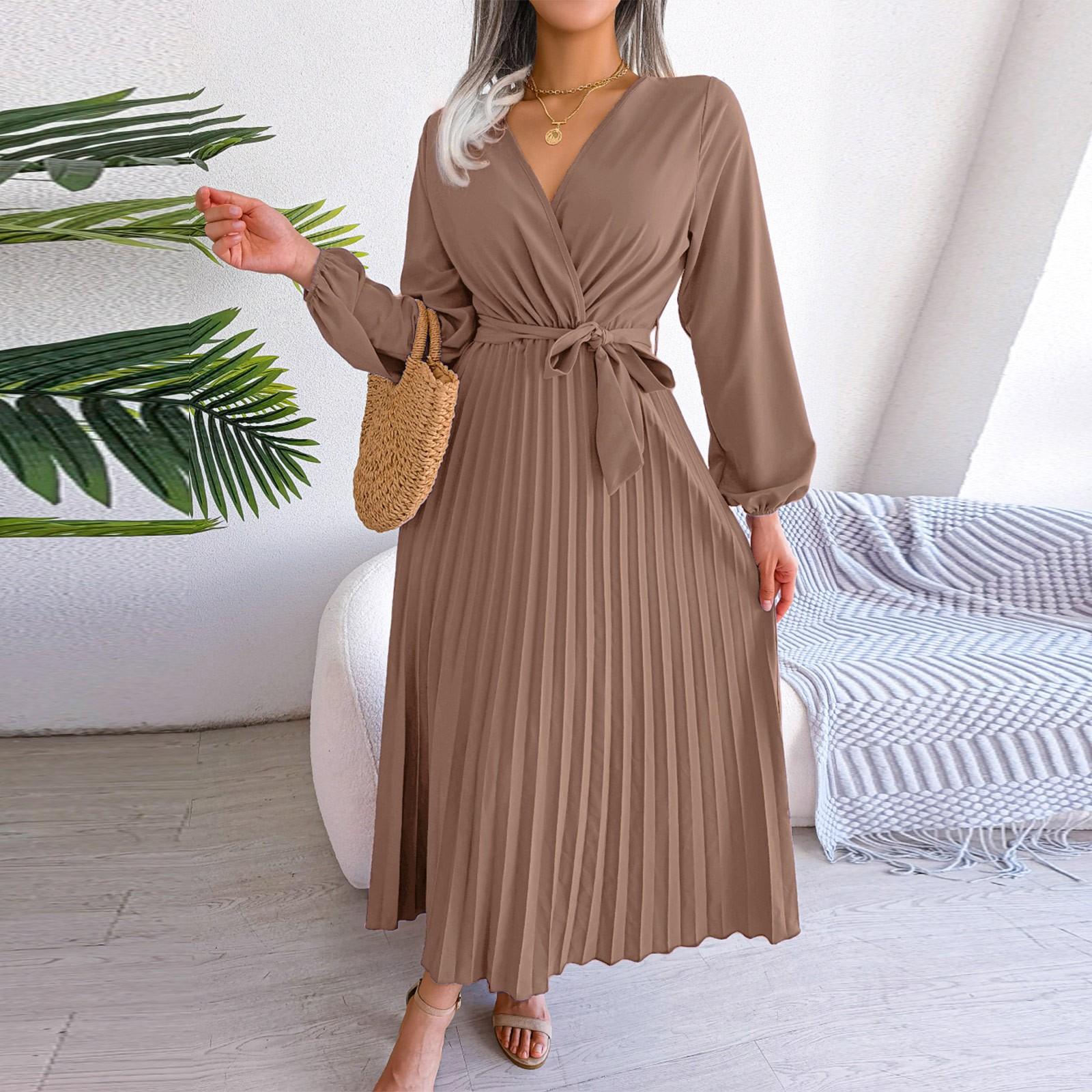 

Женское однотонное длинное платье с высокой талией, длинными рукавами, поясом, V-образным вырезом и складками XL хаки