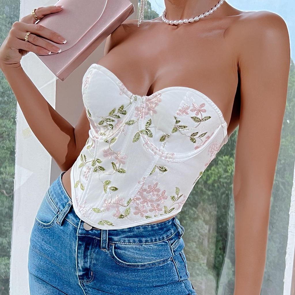 Embroidered Fishbone Steel Ring Backless Strap Top - Sexy, High-End Design