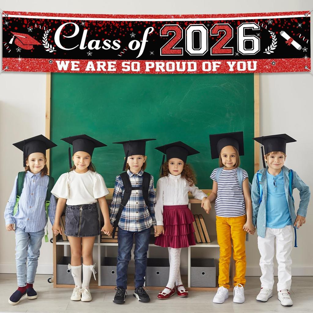 Black and Red Graduation Banner, Large Graduation Decorations Class of 2026 Congrats Grad Hanging Banner Yard Sign 118"x 24" for Indoor Outdoor 2026