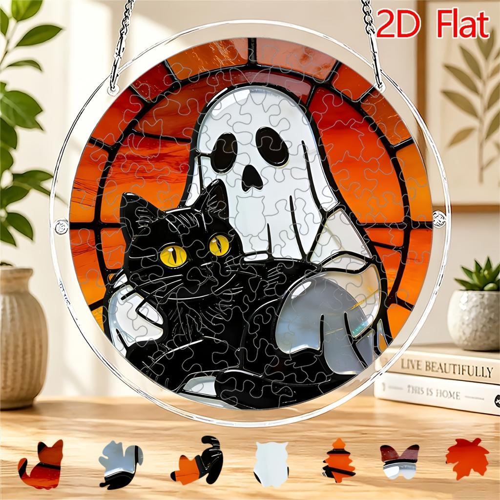 2D Flat, 2D Flat Acrylic Sun Catcher Jigsaw Puzzle, 83pcs, Featuring a Black Cat and Sunset Theme, Home and Garden Decoration, Suitable As a Gift for