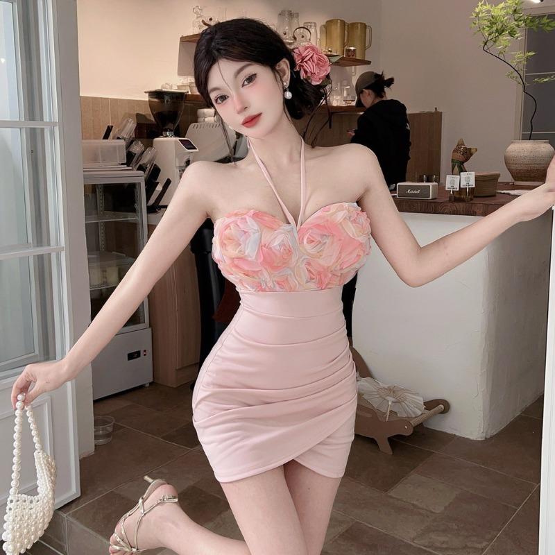 Pure desire sexy low-cut neck sling contrasting flower skirt small splicing tight hip-wrapped bottoming dress
