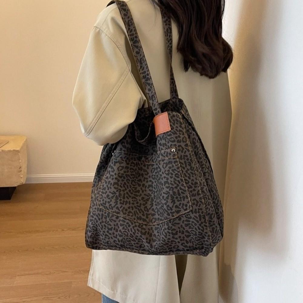 Korean Style Leopard Print Shoulder Bag Large Capacity Women Handbag Simple Canvas Tote Bag Sports