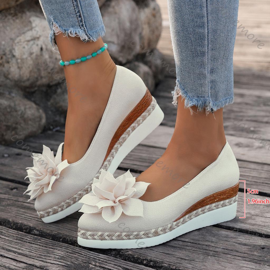 Fashion Comemore Flower-patterned Women Pumps Spring Summer Casual Wedge High Heels Slip On Loafers Flat Bottom Single Shoes for Women
