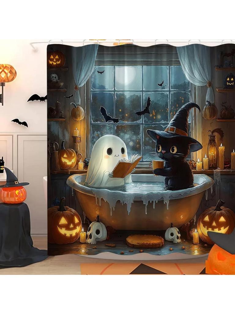 Halloween Funny Ghost Shower Curtain Spooky Gothic Cute Ghost Black Cat Reading In Bathtub Pumpkin Bat Skull Dark Horror