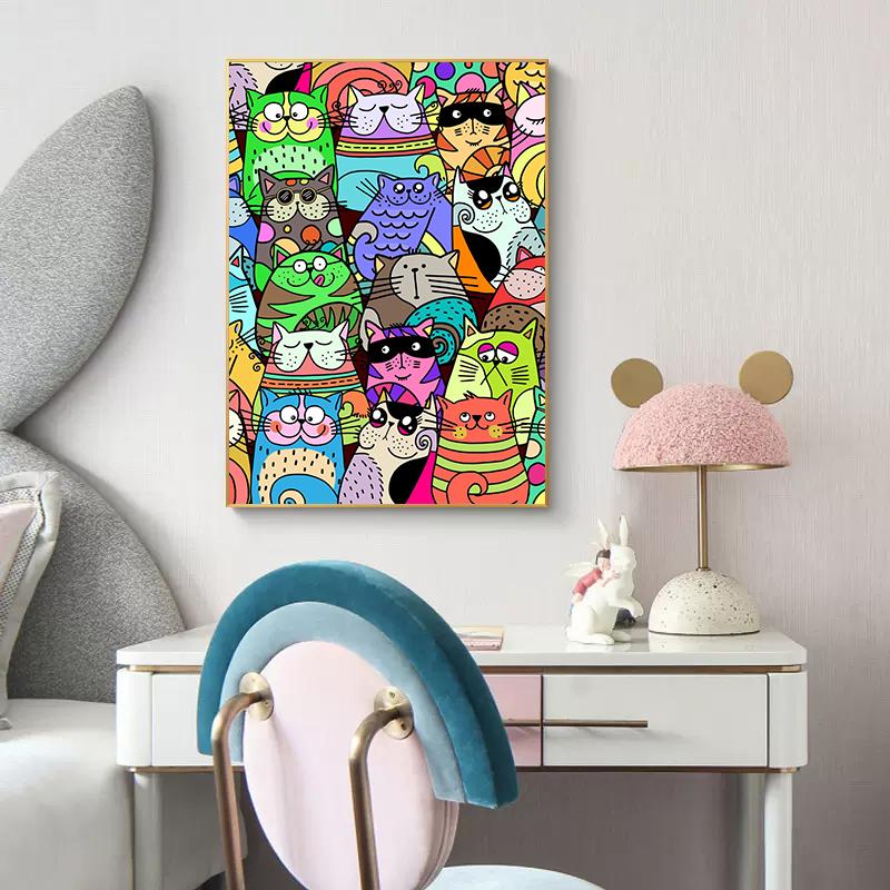 Funny Cartoon Crowded Cat Plakát Abstraktní Malba na plátně Barevné Roztomilé zvíře Kawaii Nástěnné umění pro dětský pokoj domácí dekorace