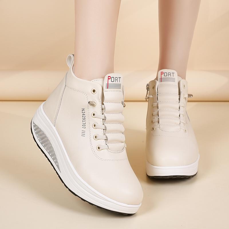 

Женские черные кроссовки с увеличением высоты, белые кожаные ботинки на платформе, повседневные высокие кроссовки на толстой подошве, обувь для студентов EU:41 бежевый