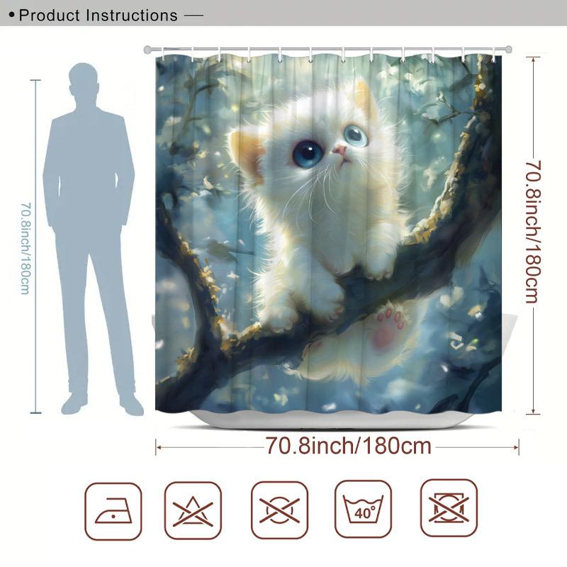 1pc Fluffy White Kitten Shower Curtain - Branch, Blue Eyes, Dreamy Forest, 70.8x70.8", Polyester, Washable, 12 Hooks
