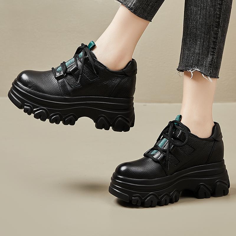 Fashion GKTINOO New Spring Women Loafers Genuine Cow Leather Lace-up Platform Casual Shoes Women Wedges Heel Retro Style Handmade Shoes