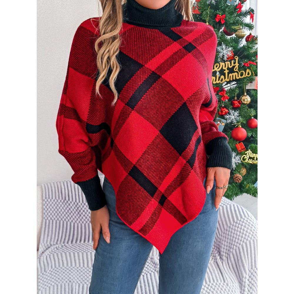 Autumn/Winter Women's Hooded Sweatshirt Casual Colour-Blocked Checked Turtleneck Long-Sleeved Cape Knit Jumper Christmas Ladies' Knitted Top