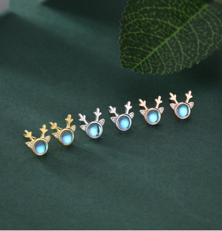 Higu E1015 S925 Silver Moonstone Antler Stud Earrings - New Christmas Trend, Mori Style