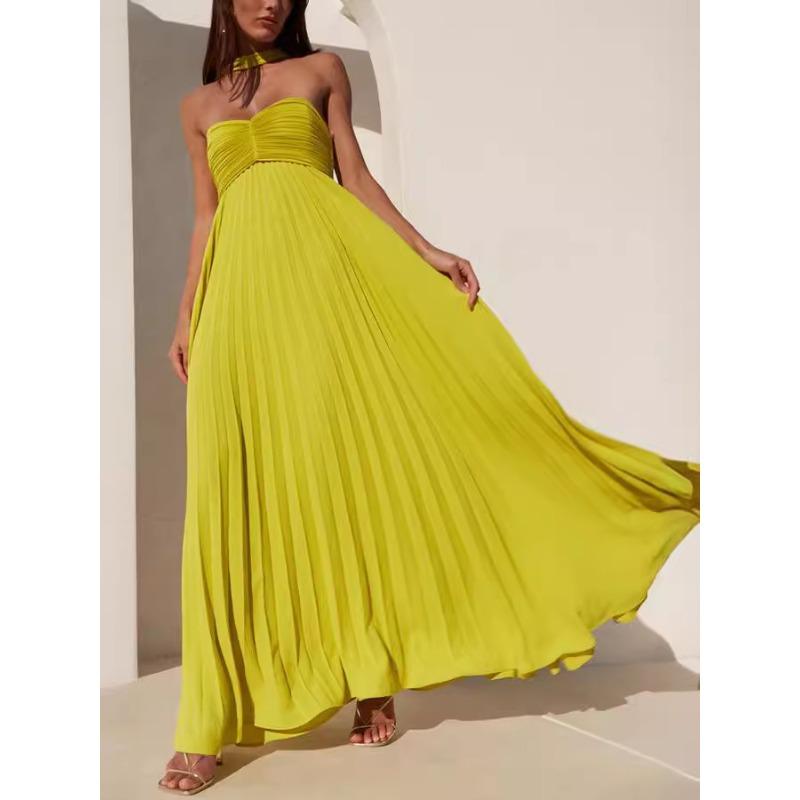 Women's Solid Color Tube Top Pleated Dress Sleeveless Fashion New Women