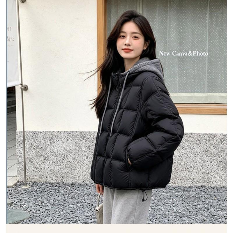 Womens Short Puffer Down Jacket With Hood Warm Winter Coat Loose Fit Urban Style