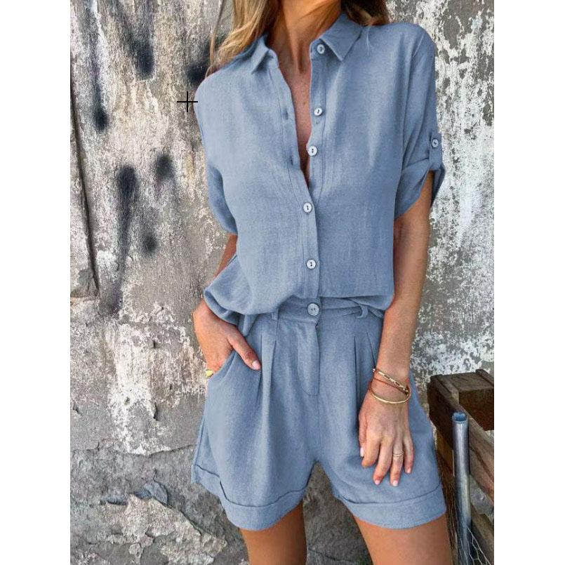 Summer Women's Fashion Elegant Shorts Short Sleeve Two-Piece Set Casual Commuter Loose Button Shirt Tops And Shorts Set