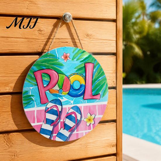 Beach House Decoration Summer Pool Wooden Hanging Sign, Weather Resistant Solid Wood Plaque with Sign Hemp Rope for Outdoor Party And Swimming Decor