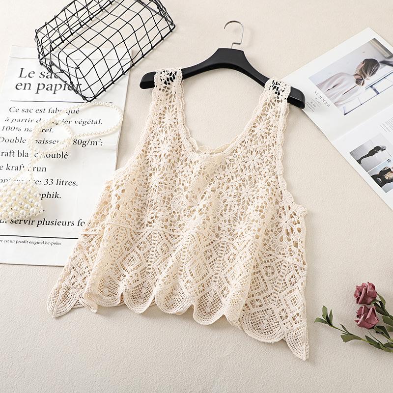 Literary and Artistic Solid Color Three-dimensional Hook-up Embroidered Lace Small Vest Large Size Women's Sleeveless Round Neck Casual Outer