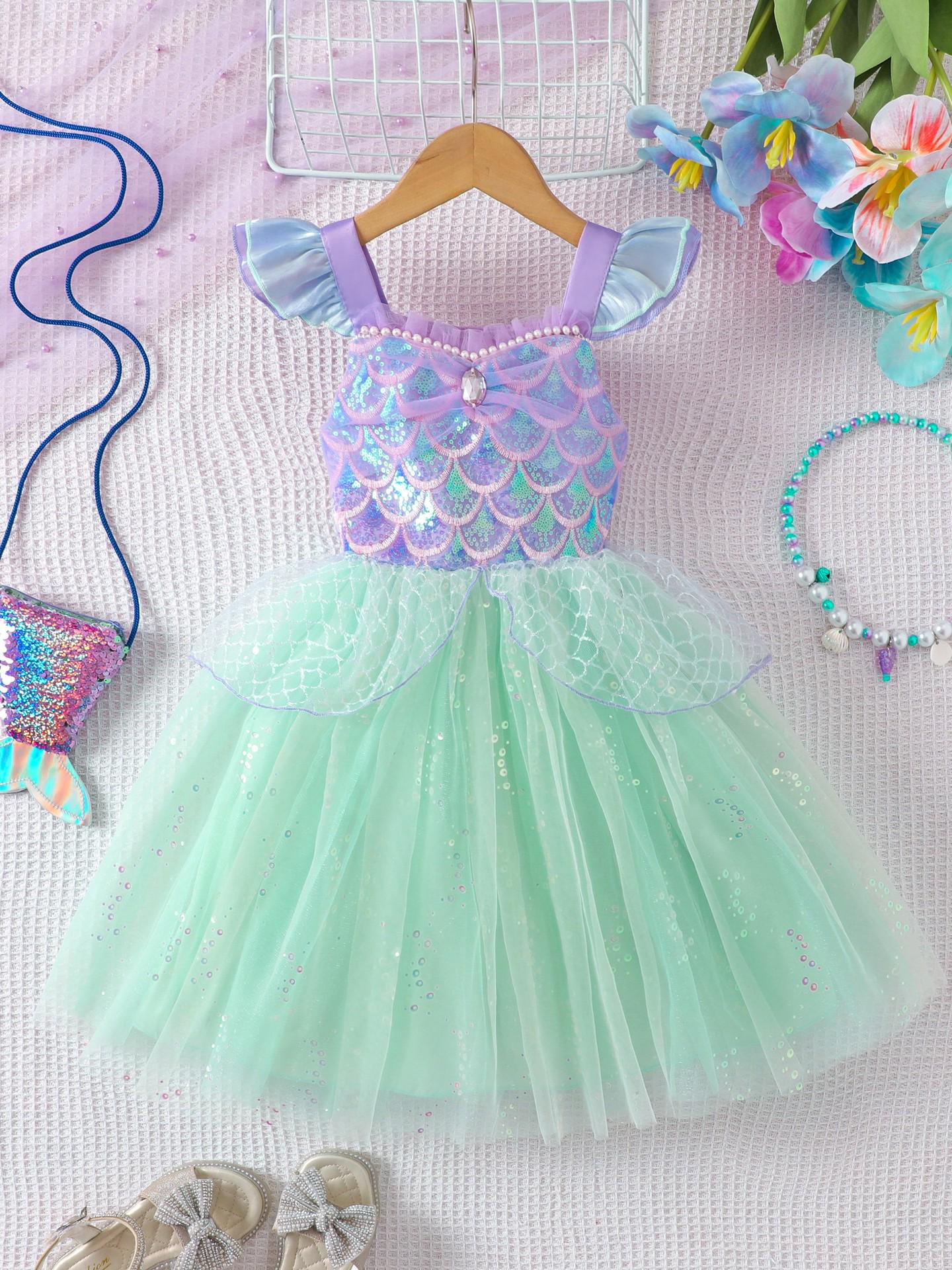 

Girls Sequined Mesh Spaghetti Strap Dress - Summer Mermaid Princess Costume 110cm (5Y)