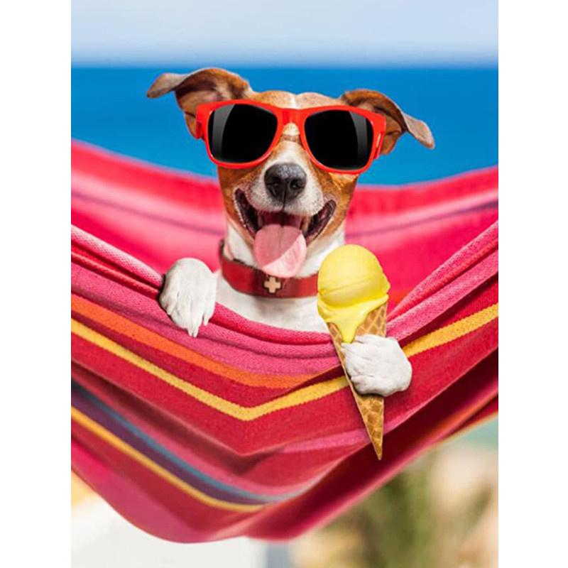 5D-Diamantmalerei zum Selbermachen, fröhlicher cooler Strandhund, Diamantstickerei, Kreuzstich-Set, voller Strass, Mosaik, Heimdekoration