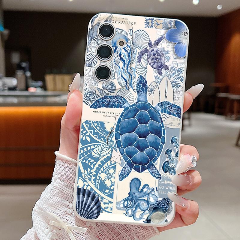 Turtle Fish Print Case For Samsung A57 A37 A17 A56 A36 A16 A55 A35 A15 A54 5G S21 FE S22 S23 S24 Plus S25 S26 Ultra Leather Texture Silicone Cover