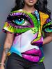 Women's Multi-color Abstract Eye and Lip Art Design Casual Street Top. with a Round Neck and Short Sleeves. Perfect for Daily Wear. Parties. and Outin