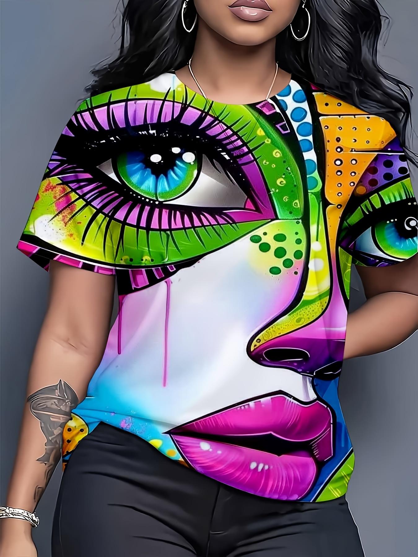 

Women s Multi-color Abstract Eye and Lip Art Design Casual Street Top. with a Round Neck and Short Sleeves. Perfect for Daily Wear. Parties. and Outin M дубильная кора