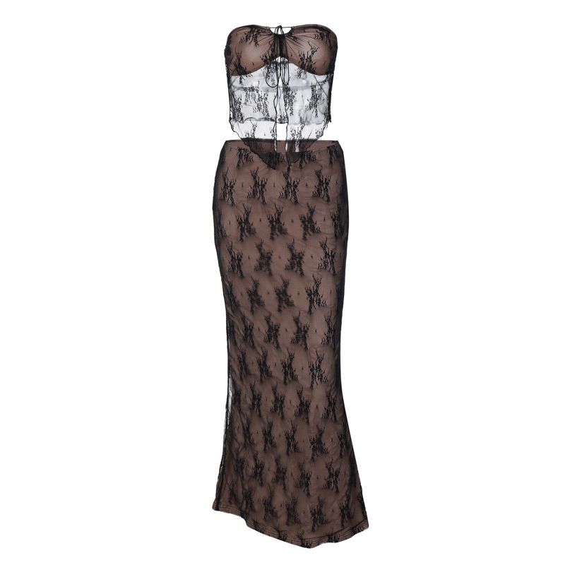 Lace Patchwork Strapless Long Dress Set Lace Stitching Tube Top Maxi Dress Suit
