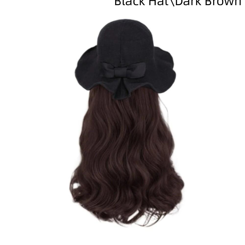 

Korean Style Fisherman Hat Wig Bucket Hat Long Curly Wave Hair Vintage Bow Top Hat Wig Female Style 1