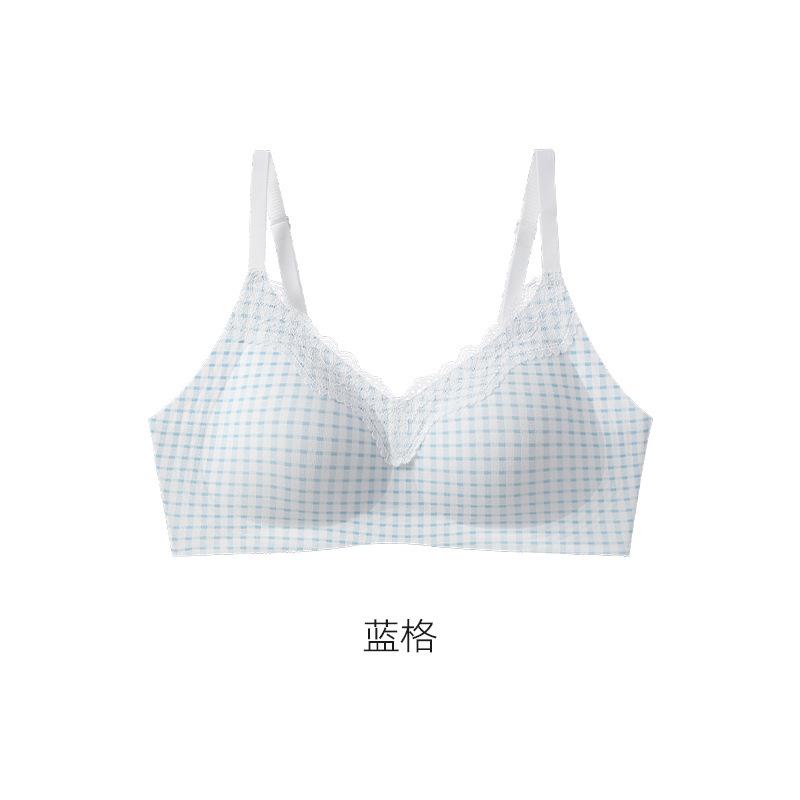 Sweet and Pure Girl Print Lace Edge Pure Cotton Underwear Women's No Steel Ring Anti-sagging Small Chest Gathering Thin Bra