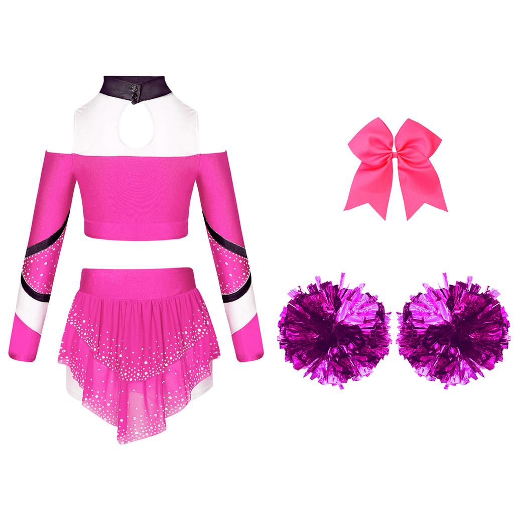 Dívčí cheerleadingová sada Odhalená ramena Dlouhý rukáv Zadní výstřih Klíčová dírka Barevný blok Potisk písmen Zkrácený top Kamínky Sukně Mašle Čelenka Pompony