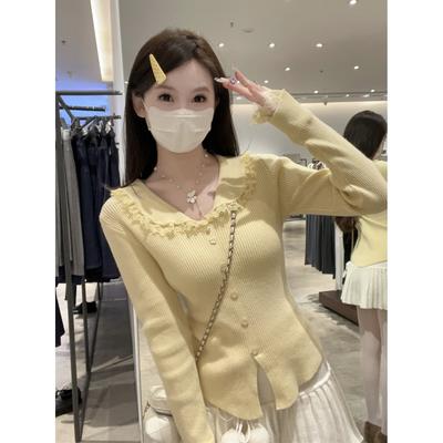 Sanfter und vielseitiger Spitzenrand mit Knopfaufschlag Andy Samt Strickjacke Herbst und Winter Unterziehpullover Damen