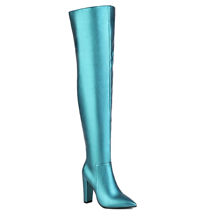 

Модные сапоги выше колена, женская обувь 2024 года, зимние сапоги с заостренным носком, сексуальные сине-зеленые туфли для вечеринок и танцев, женские, большой размер 48 42 небесно-голубой