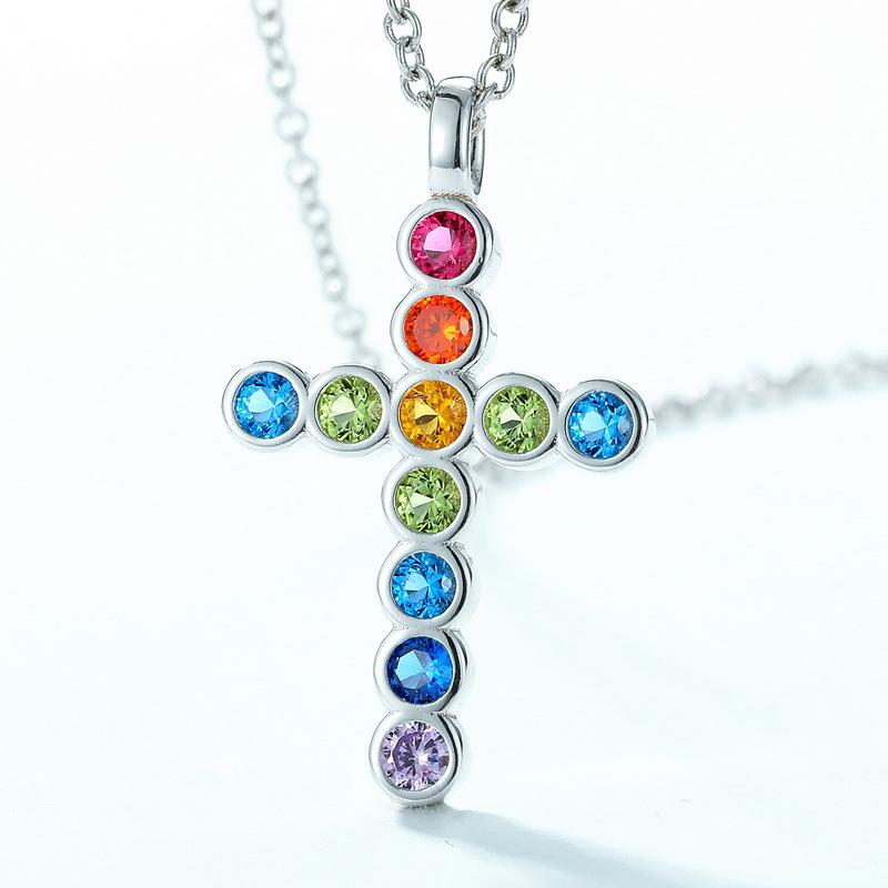 Rainbow Cross Pendant Necklace S925 Silver Inlaid with Precious Zircon Collarbone