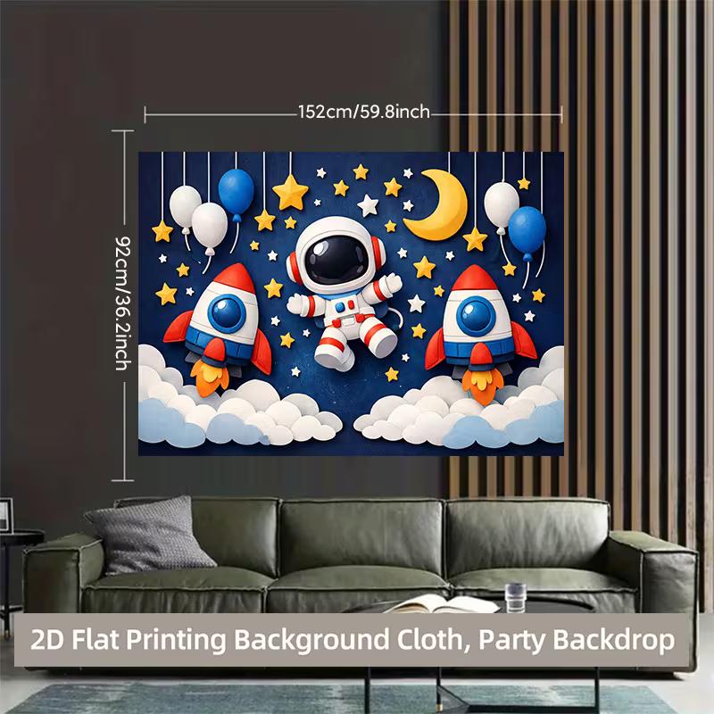 2D Cartoon Astronaut & Rocket Party Backdrop Kids Birthday Decor Supplies