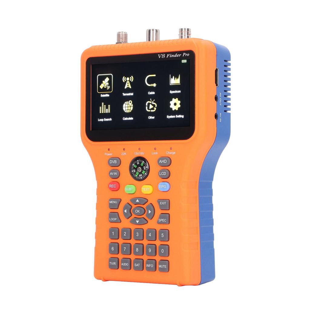 Műholdkereső V8 FINDER PRO2 FTA DVB S2 S2X jelmérő 4,3 hüvelykes LCD képernyővel, iránytű funkcióval