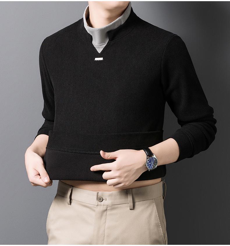 Men's Autumn/Winter Thickened Long-Sleeve Top, Half-High Collar, Plus Velvet Warm Knit Base Layer.