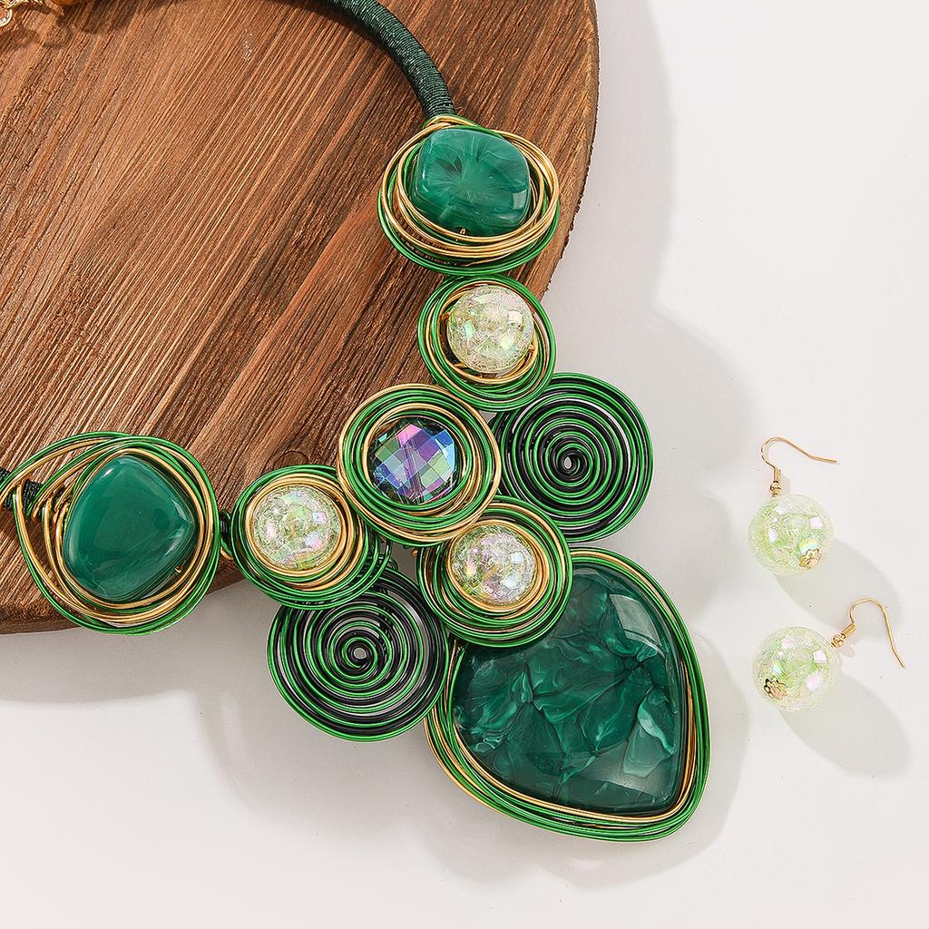 Statement Jewelry Set Trendy Resin Gem Crystal Beads Aluminum Wire Handmade Woven Necklace And Earrings Women Party Accessories