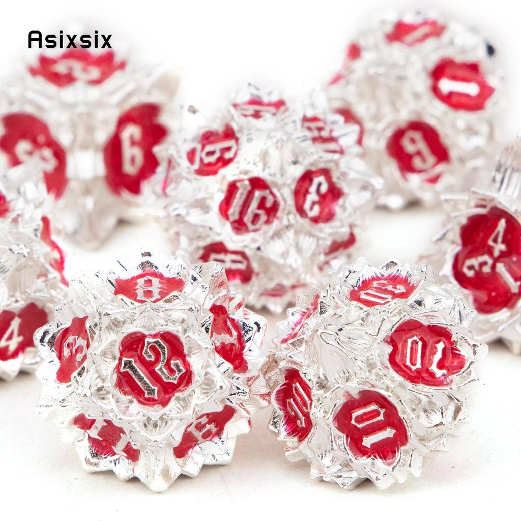 7 Pcs White Red Lotus Flower  Metal Dice Solid Metal Polyhedral Dice Set Suitable for Role-Playing RPG  Board Game Card Game