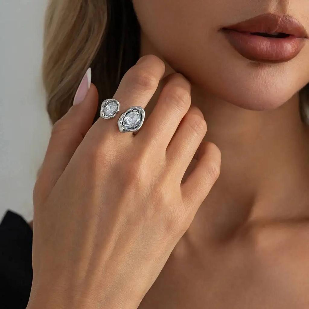 SHIXIN Trendy Exquisite Acrylic Rhinestone Geometric Ring Women Minimalist Silver Color Irregular Finger Ring Daily Wear Jewelry