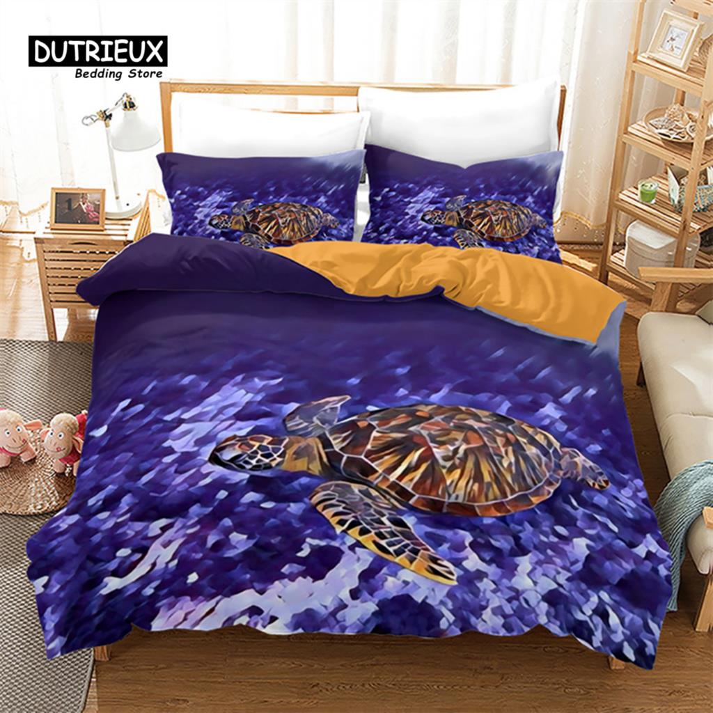 Sea Animal Duvet Cover Octopus Turtle Starfish Queen Bedding Set Microfiber Ocean Life Bedding Set King For Kids Boys Girls Teen