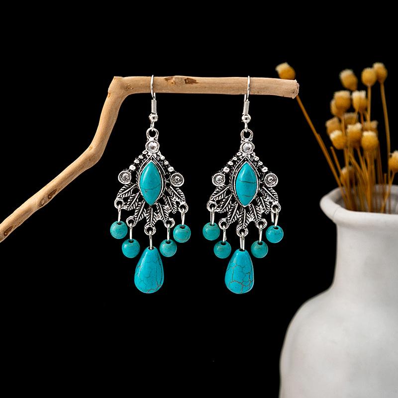 Retro Ethnic Blue Turquoise Owl & Tassel Earrings