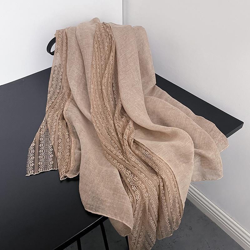 Spring and Autumn Lace Line Long Thin Scarf Japanese and Korean Women's Fashion Solid Color Shawl High-end Cotton and Line Scarf