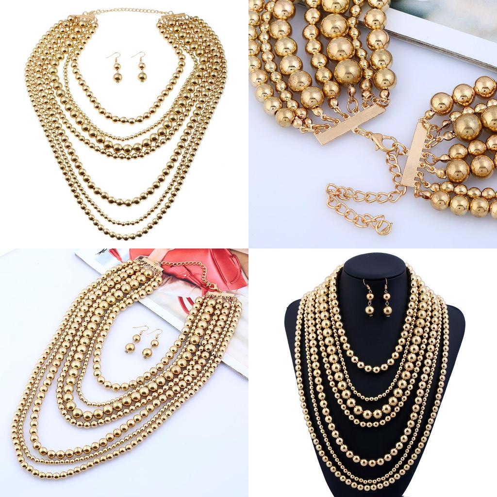 Collier Oversize Style Européen Orné de Perles Dorées au Design Géométrique pour Femmes