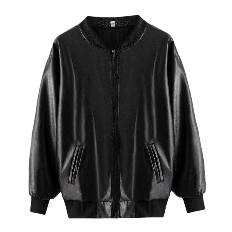 Frühling Herbst Koreanisch Elegant PU Leder Cropped Baseballjacke Locker Reißverschluss Biker Mantel Top