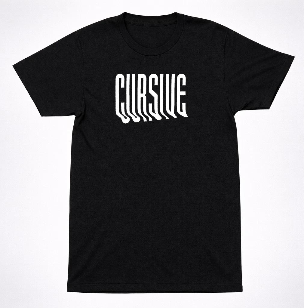 

Cursive T-Shirt Black Distorted Text Logo Indie Emo Post-Hardcore Band Tee 4XL