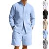 Men’s 2‑Piece Linen Blend Outfit Set, Mandarin Collar Roll‑Up Sleeve Button‑Down Shirt & Drawstring Shorts, Breathable Summer Beach Casual Co‑Ord Suit