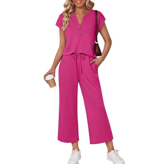 

Two Piece Set for Women Summer Casual Matching Lounge Sets Sleeveless V Neck Top Wide Leg Pants Vacation Travel Outfits S