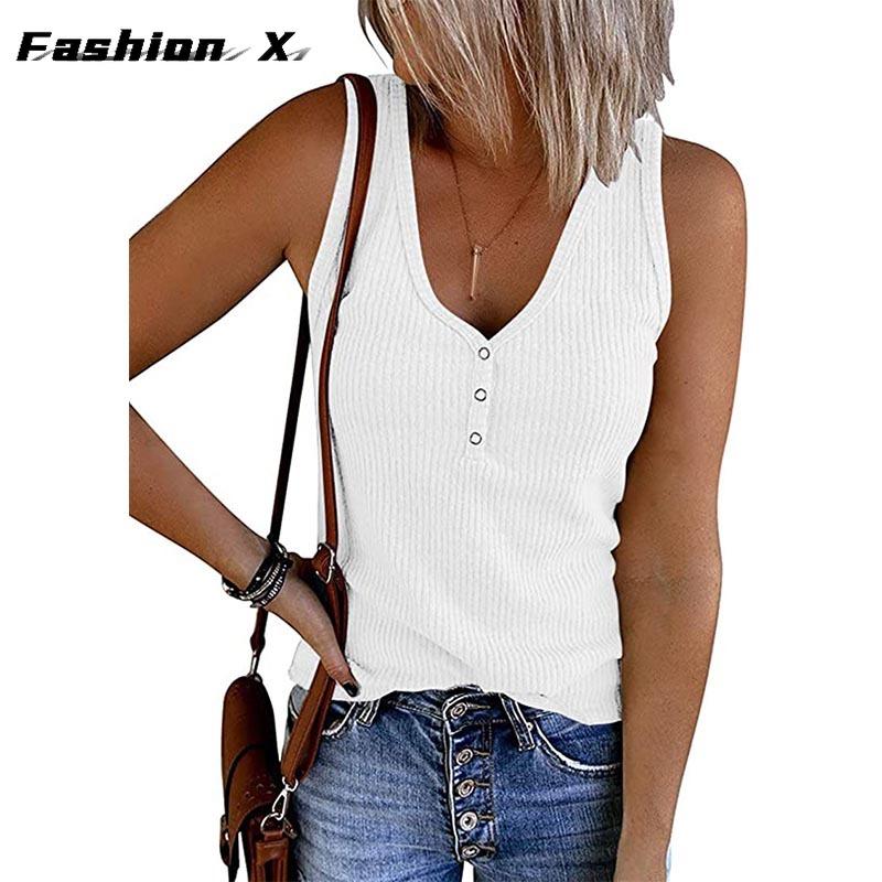 Summer New Europe and The United States Women's Buckle Knitted Undershirt Solid Color V-neck Sleeveless Blouse Female