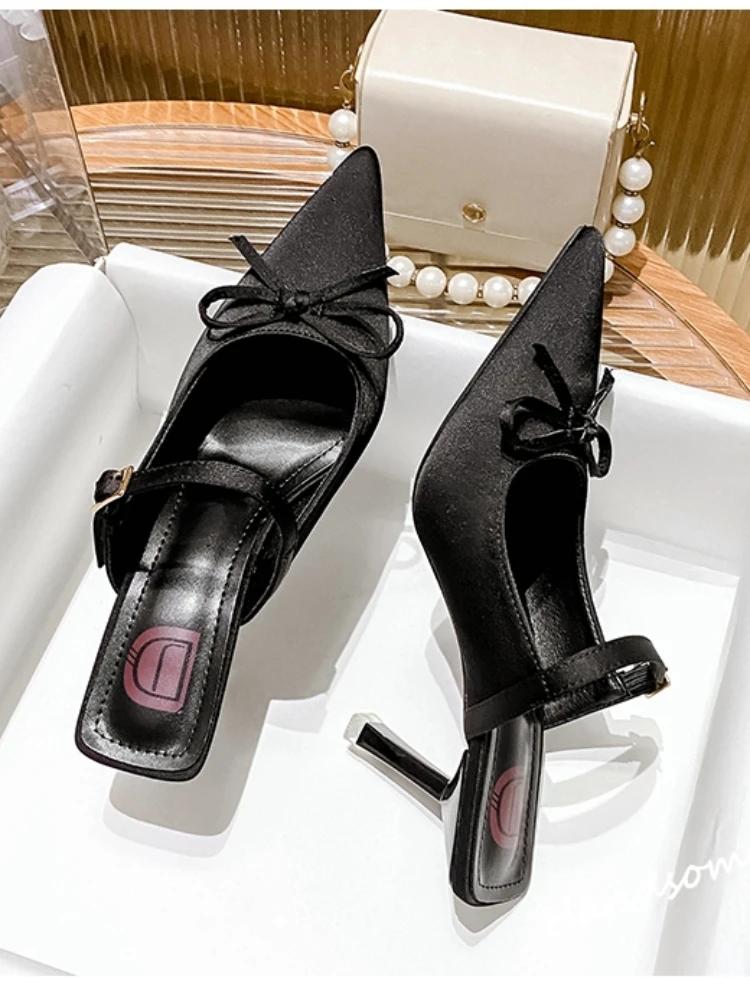 Leisure Slippers for Women Basic Slides Pointed Toe Thin High Heels Shoes Women Solid Leopard Butterfly Knot Summer Slippers