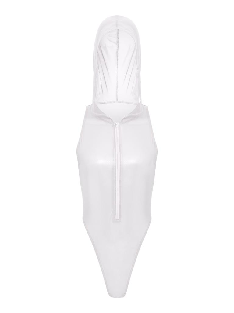 Women Sheer Lingerie Bodysuit Hooded Sleeveless Design Front Zipper Closure Glitter Jumpsuit for Role Play Club