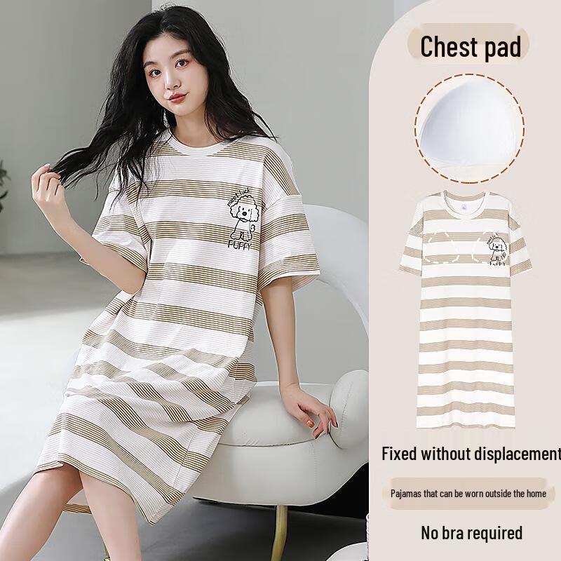 Gureide Women's Summer Cotton Short Sleeve Nightdress with Chest Pads