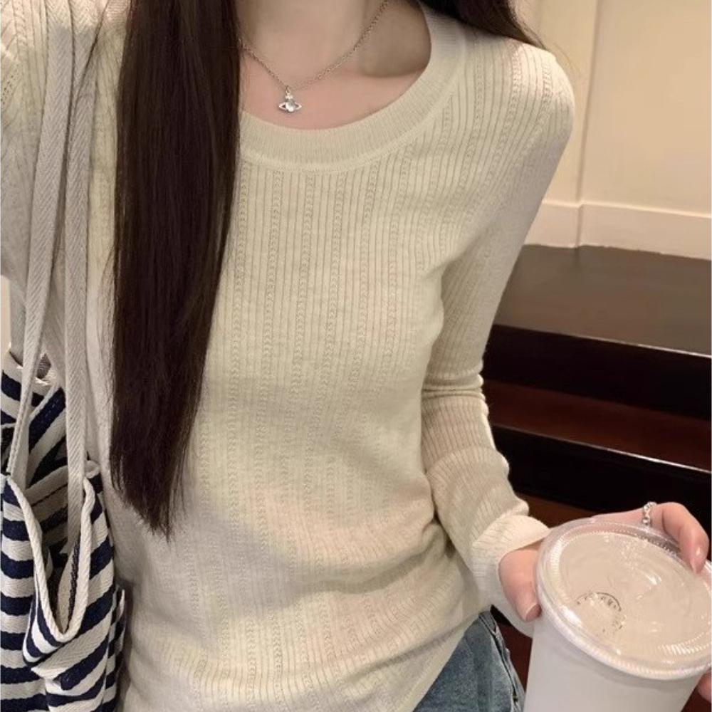 Autumn and Winter Slimming and Elegant Round-neck Patterned Soft Knitted Base Layer, Long-sleeved Sweater, Slimming Top